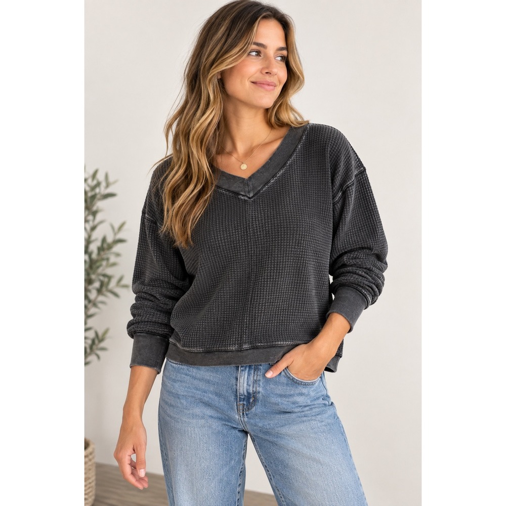 Z Supply Women Charcoal Grey Mineral Wash Waffle Knit V-Neck Thermal ZT193877S